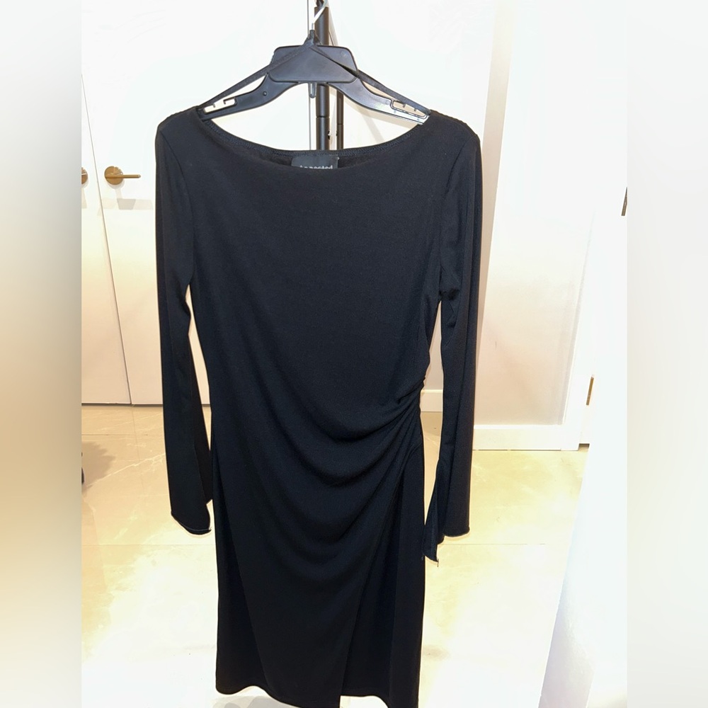 Connected Apparel Black Long Sleeve Ruched Cocktail Dress